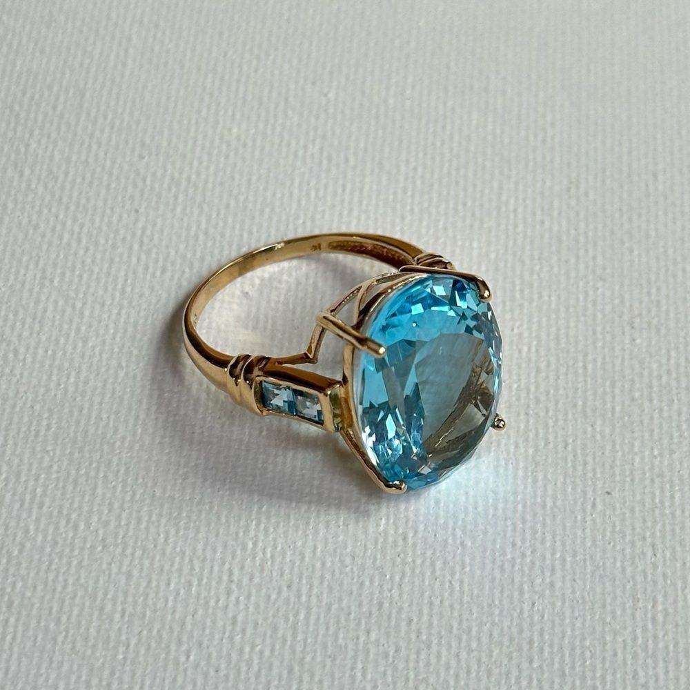 14K Gold Sky Blue Topaz Cocktail Ring Statement Jewelry - Picture 2 of 8